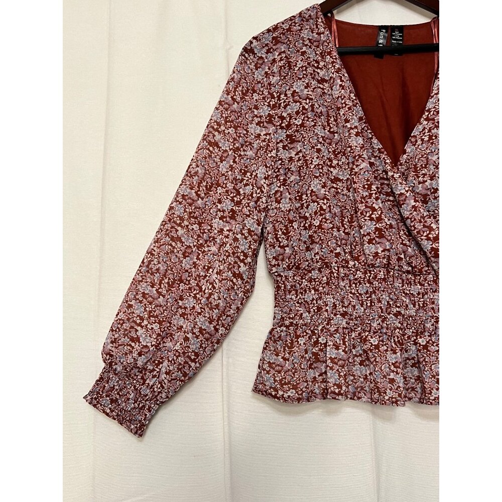 Fun & Flirt Floral Smocked Peplum Blouse XL V-Neck Long Sleeve Red & White - Picture 5 of 16